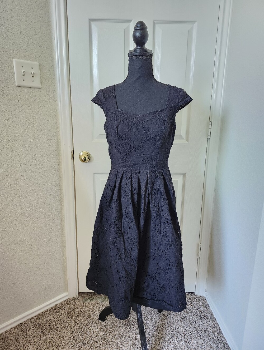 Adrianna Papell Black Eyelet Midi Dress with Cap Sleeves